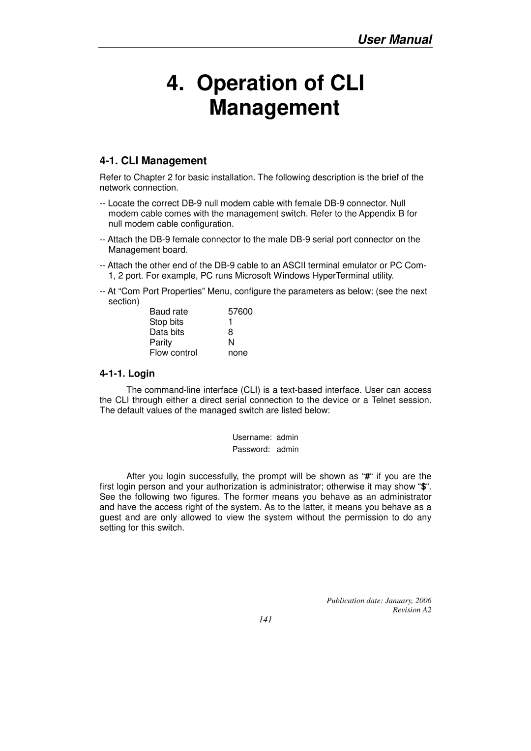 KTI Networks KGS-2416 user manual CLI Management, Login 