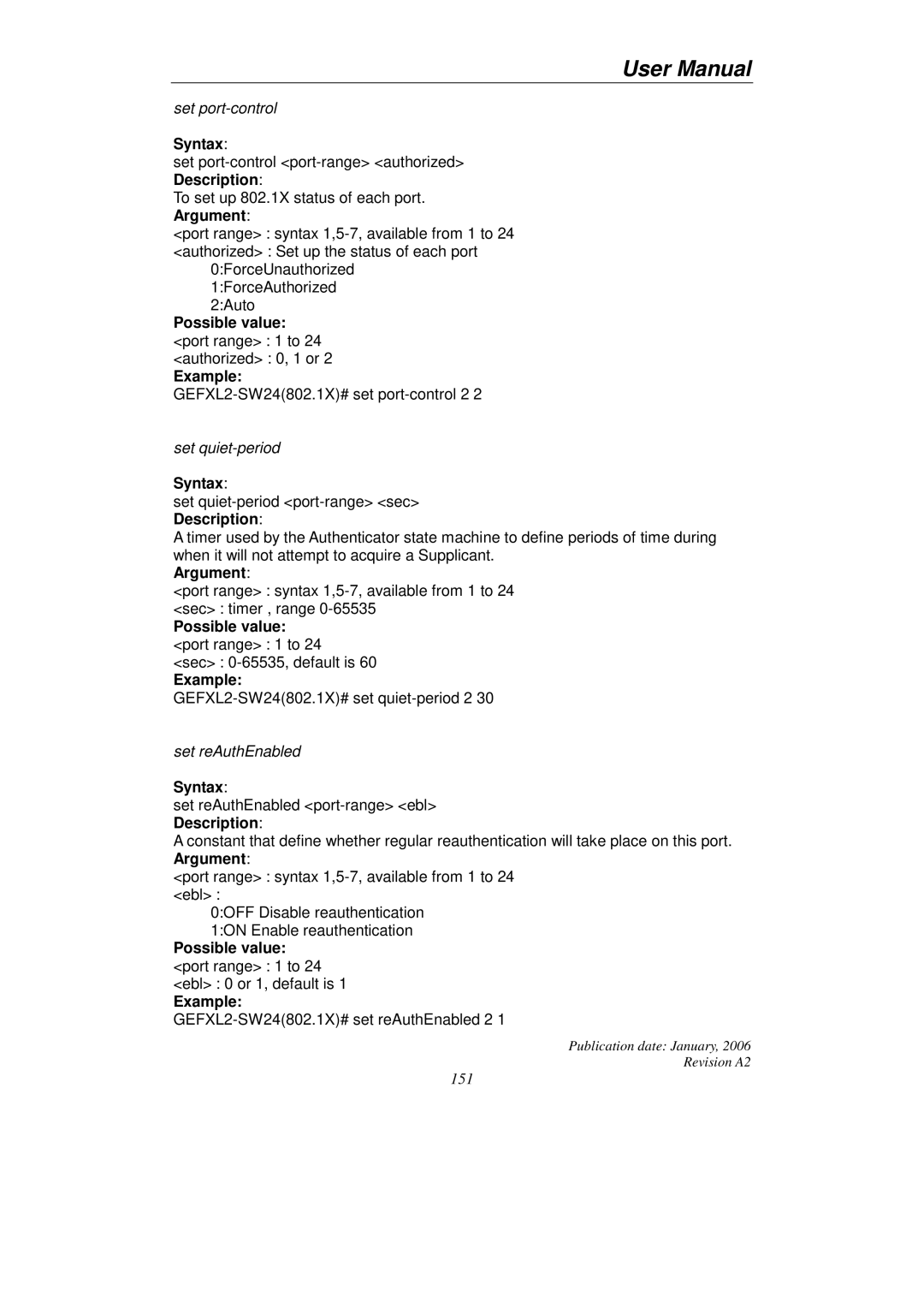 KTI Networks KGS-2416 user manual Possible value port range 1 to 24 authorized 0, 1 or Example 