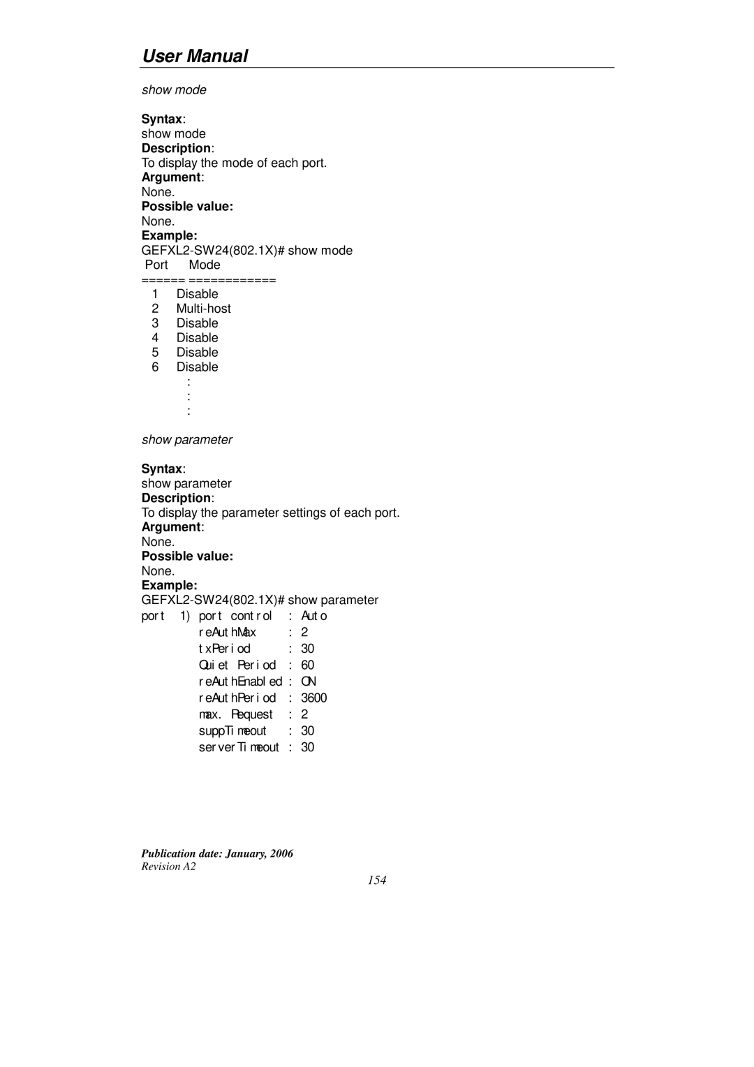 KTI Networks KGS-2416 user manual Syntax show mode Description, 154 