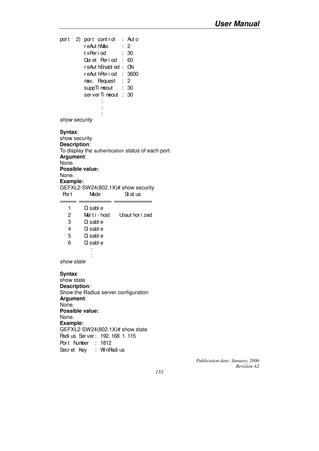 KTI Networks KGS-2416 user manual Syntax show security Description, Syntax show state Description 