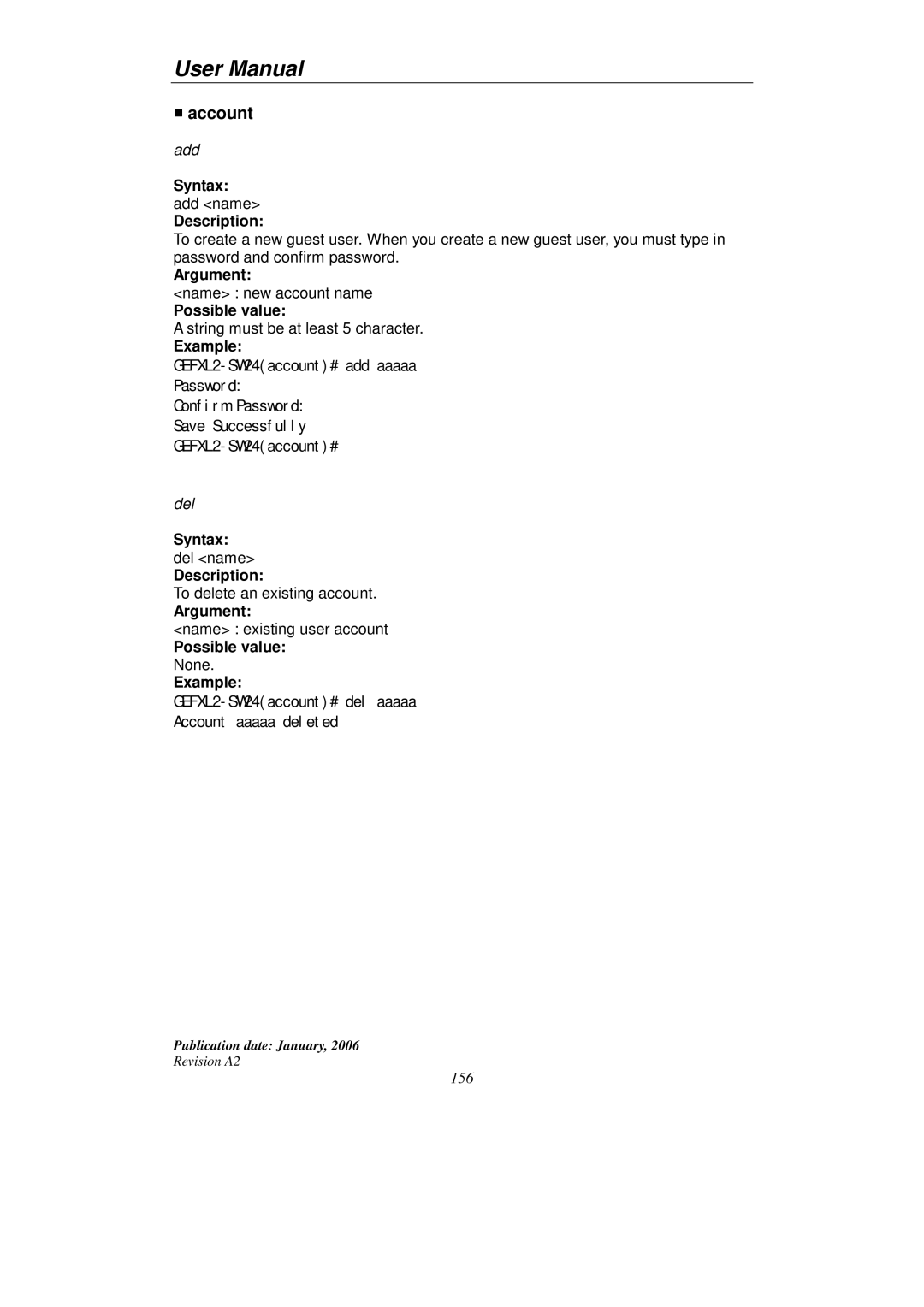 KTI Networks KGS-2416 user manual Account, Description 