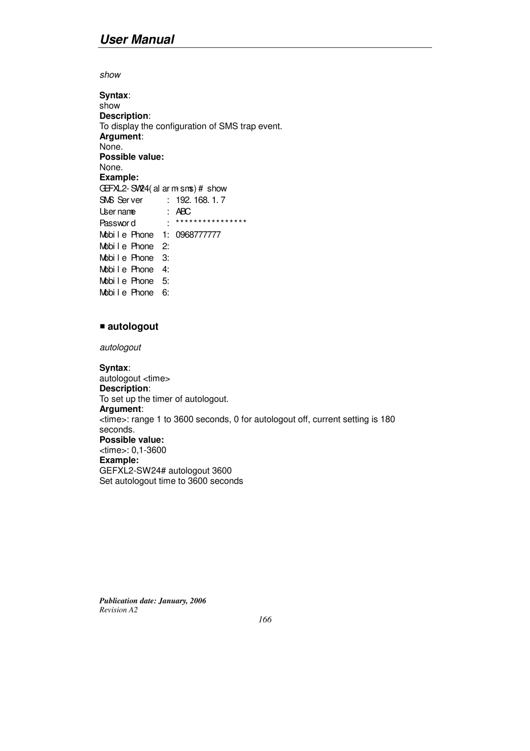 KTI Networks KGS-2416 user manual Autologout, Syntax autologout time Description 