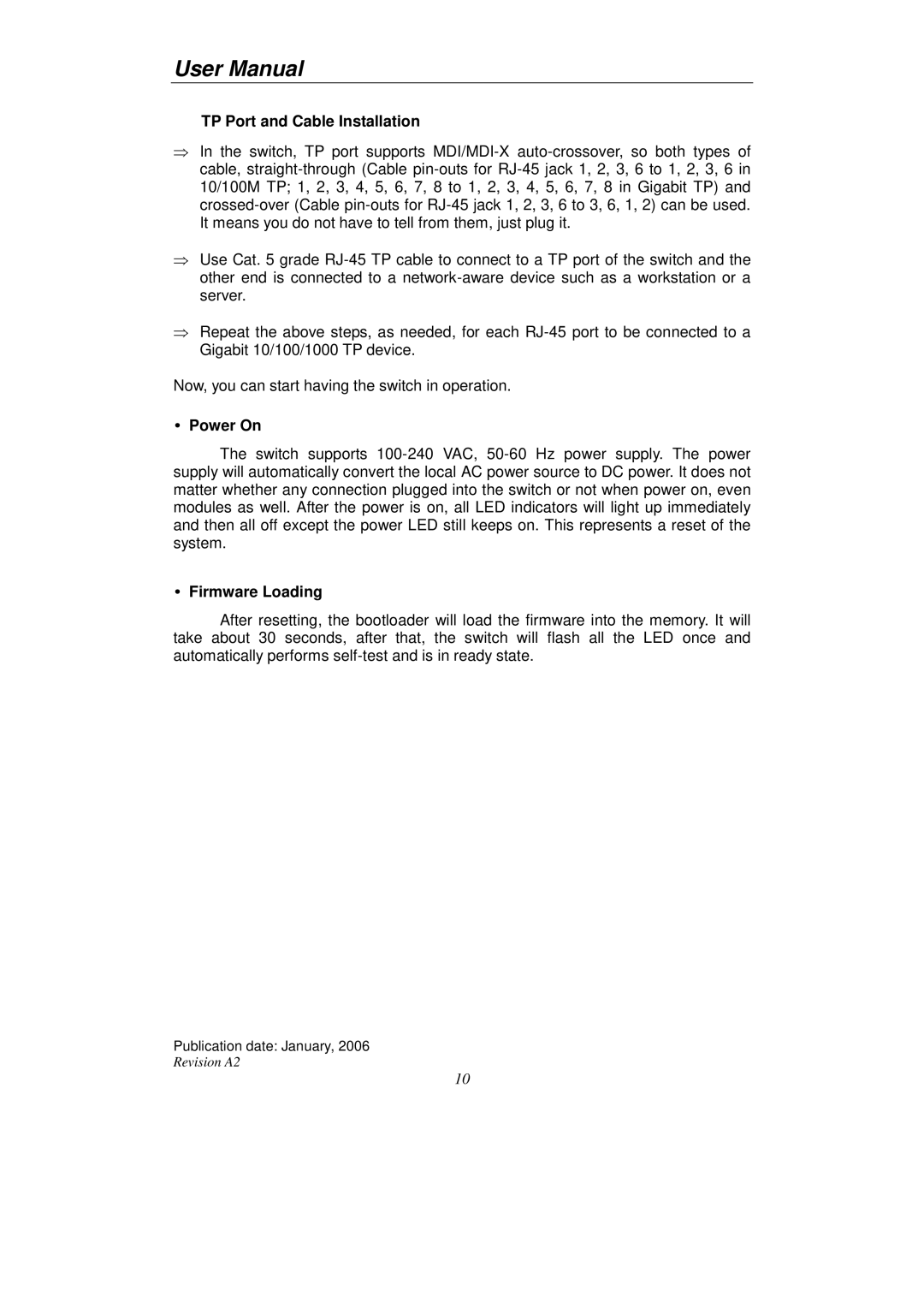 KTI Networks KGS-2416 user manual TP Port and Cable Installation, Power On, Firmware Loading 