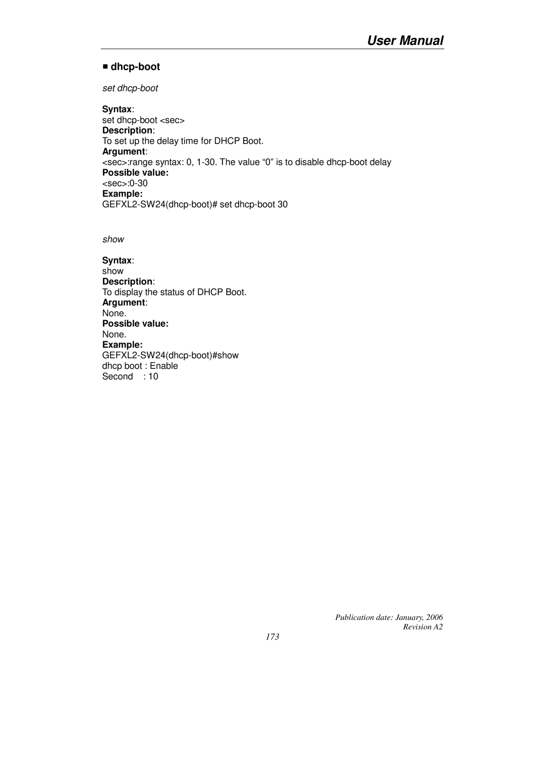 KTI Networks KGS-2416 user manual Dhcp-boot, Example GEFXL2-SW24dhcp-boot#show dhcp boot Enable 