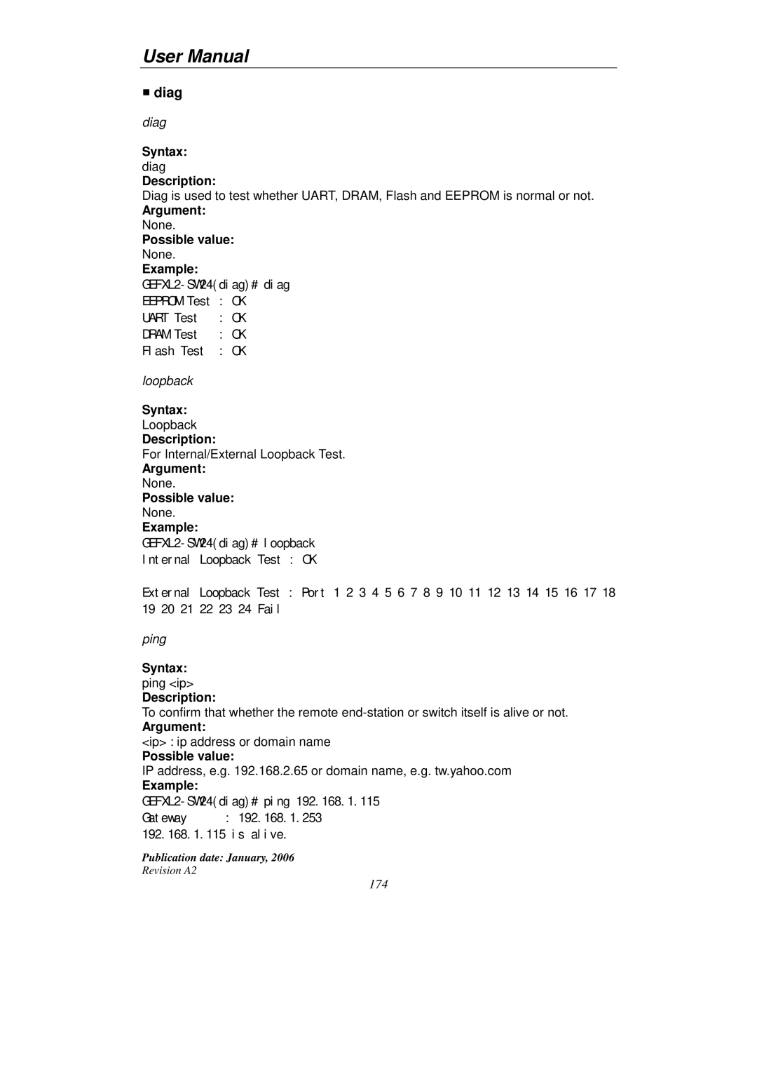 KTI Networks KGS-2416 user manual Diag, Syntax ping ip Description 