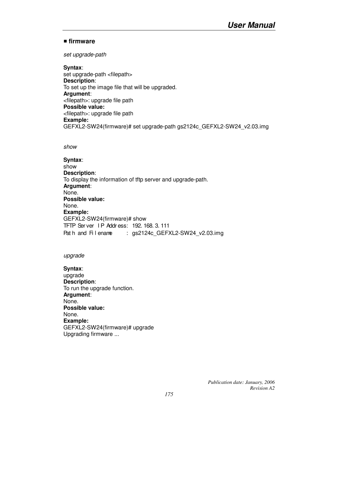 KTI Networks KGS-2416 user manual Firmware, Possible value filepath upgrade file path Example, Syntax upgrade Description 