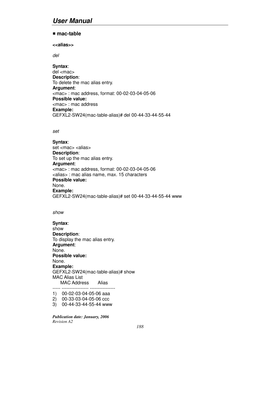 KTI Networks KGS-2416 user manual Mac-table, Alias, Syntax del mac Description, Possible value mac mac address Example 