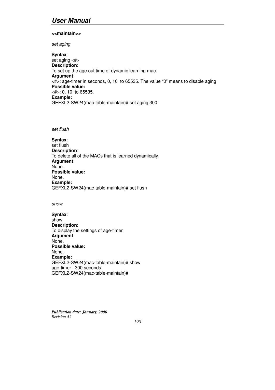 KTI Networks KGS-2416 user manual Maintain, Syntax set flush Description 