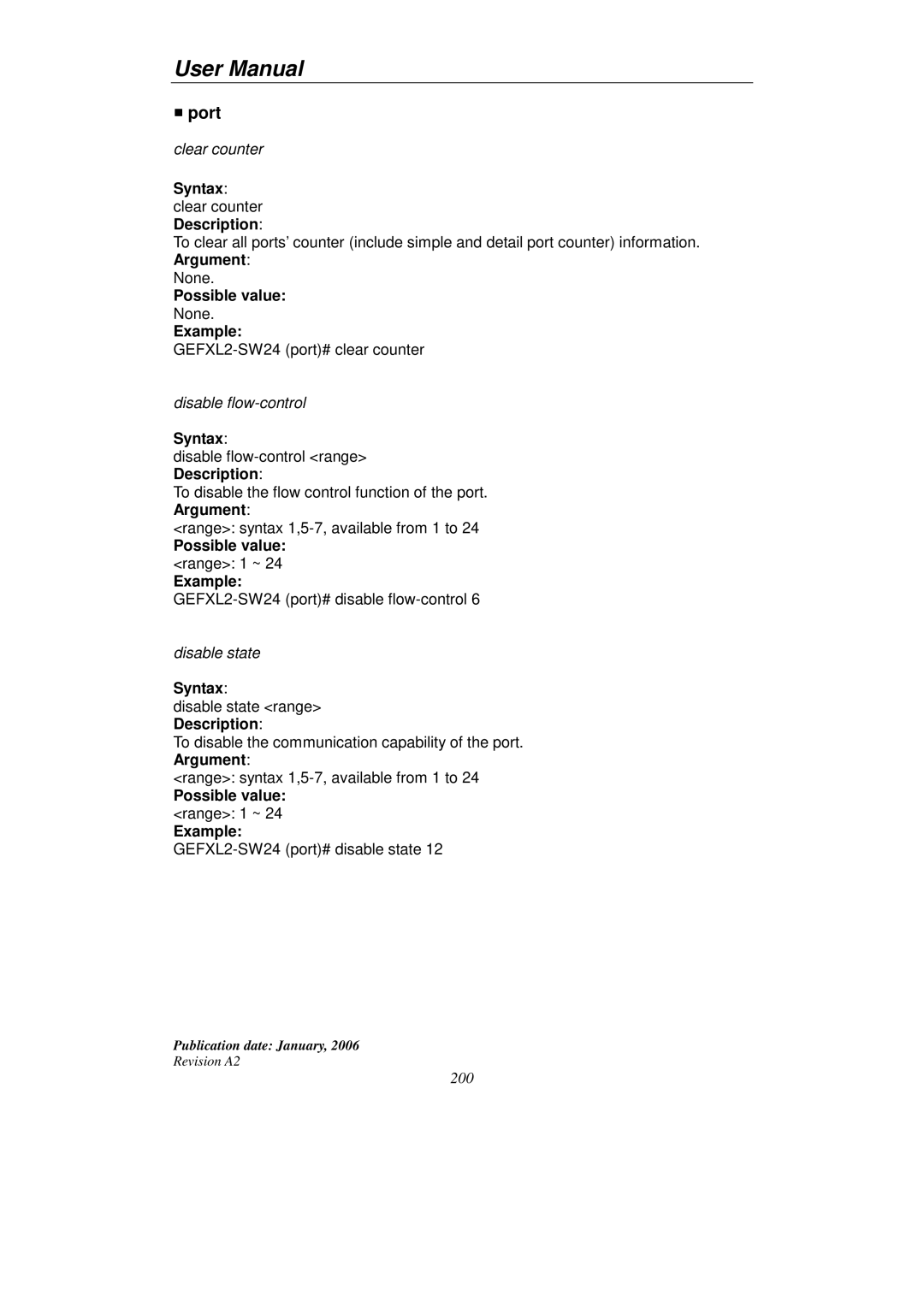 KTI Networks KGS-2416 user manual Port, Syntax clear counter Description 