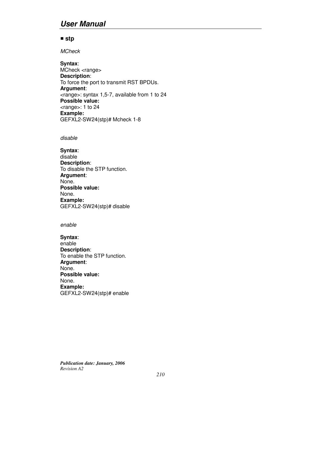 KTI Networks KGS-2416 user manual Stp, Syntax disable Description 