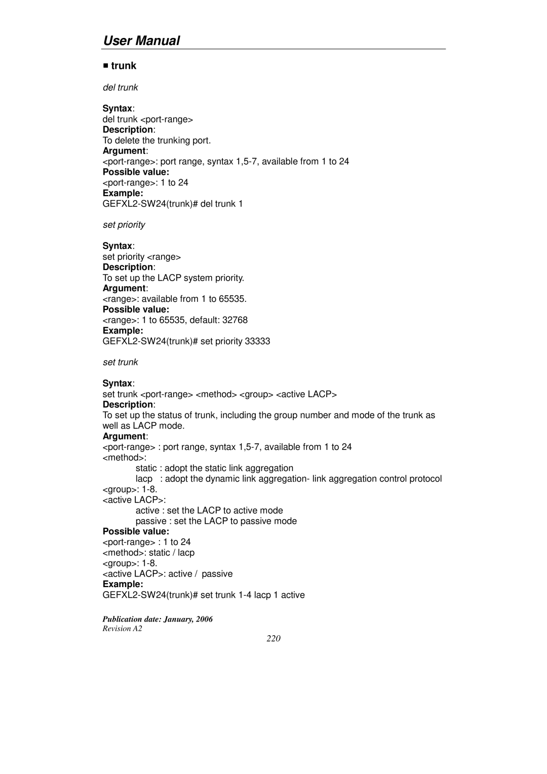 KTI Networks KGS-2416 user manual Trunk, Possible value port-range 1 to 