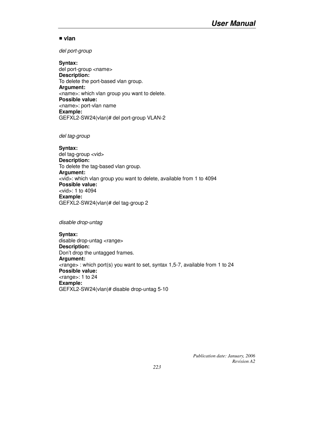 KTI Networks KGS-2416 user manual Vlan, Possible value name port-vlan name Example 