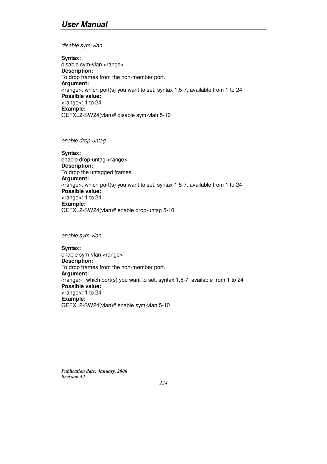 KTI Networks KGS-2416 user manual Disable sym-vlan 