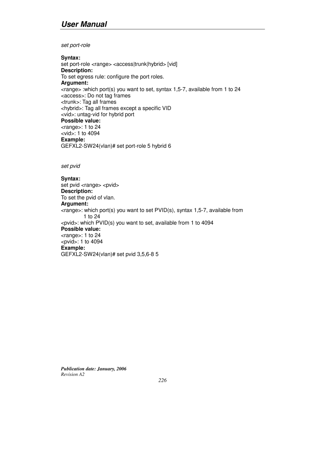 KTI Networks KGS-2416 Possible value range 1 to 24 vid 1 to Example, Possible value range 1 to 24 pvid 1 to Example 