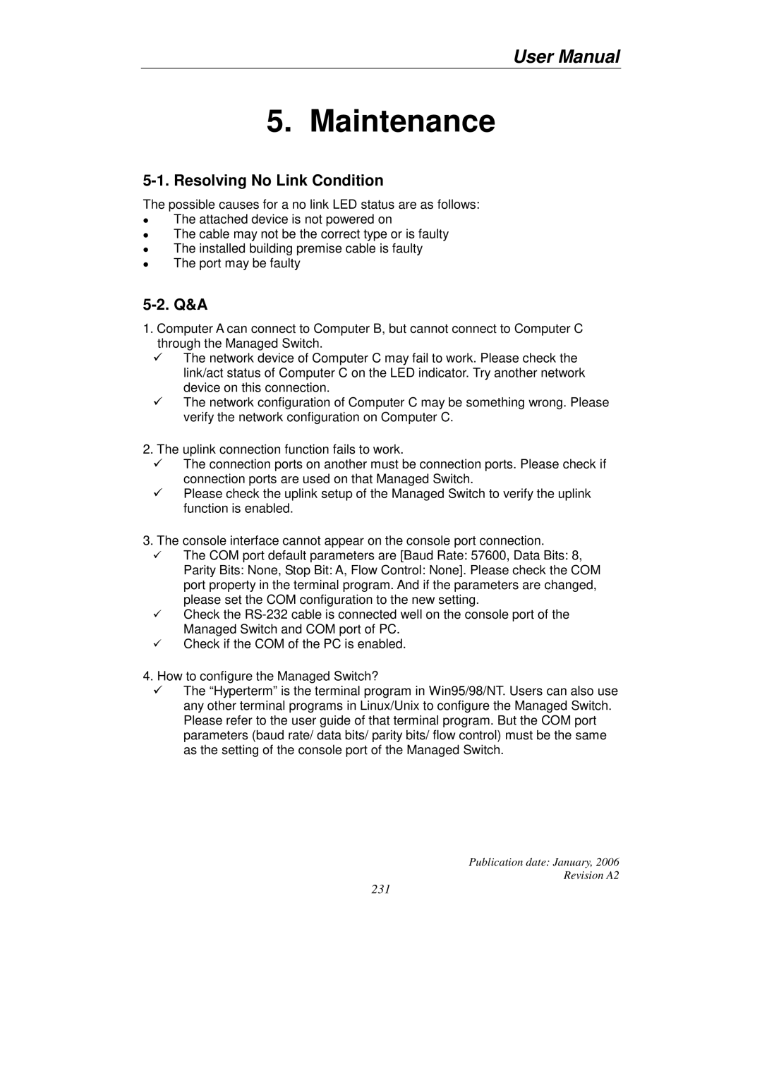 KTI Networks KGS-2416 user manual Resolving No Link Condition, Q&A 