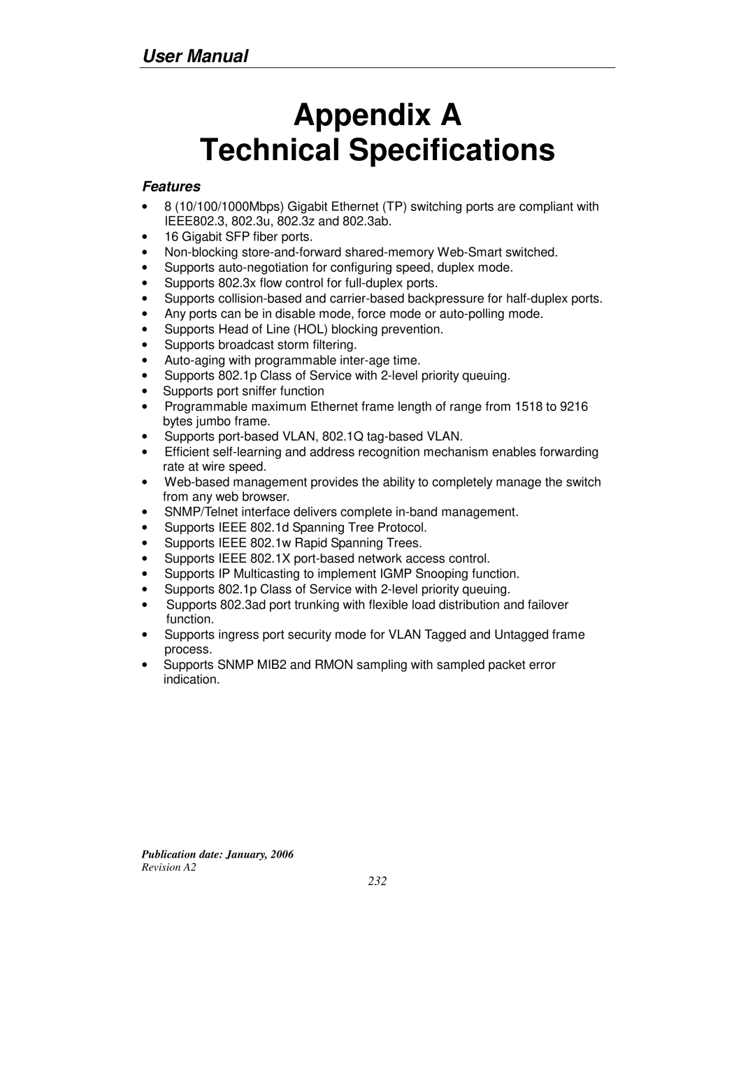 KTI Networks KGS-2416 user manual Appendix a Technical Specifications 