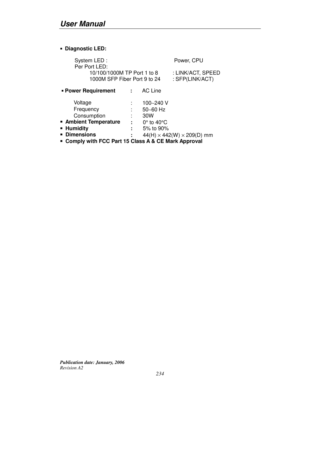 KTI Networks KGS-2416 user manual Diagnostic LED, Power Requirement, Ambient Temperature, Humidity, Dimensions 