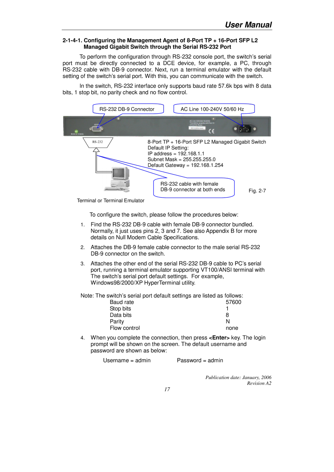 KTI Networks KGS-2416 user manual RS-232 DB-9 Connector AC Line 100-240V 50/60 Hz 