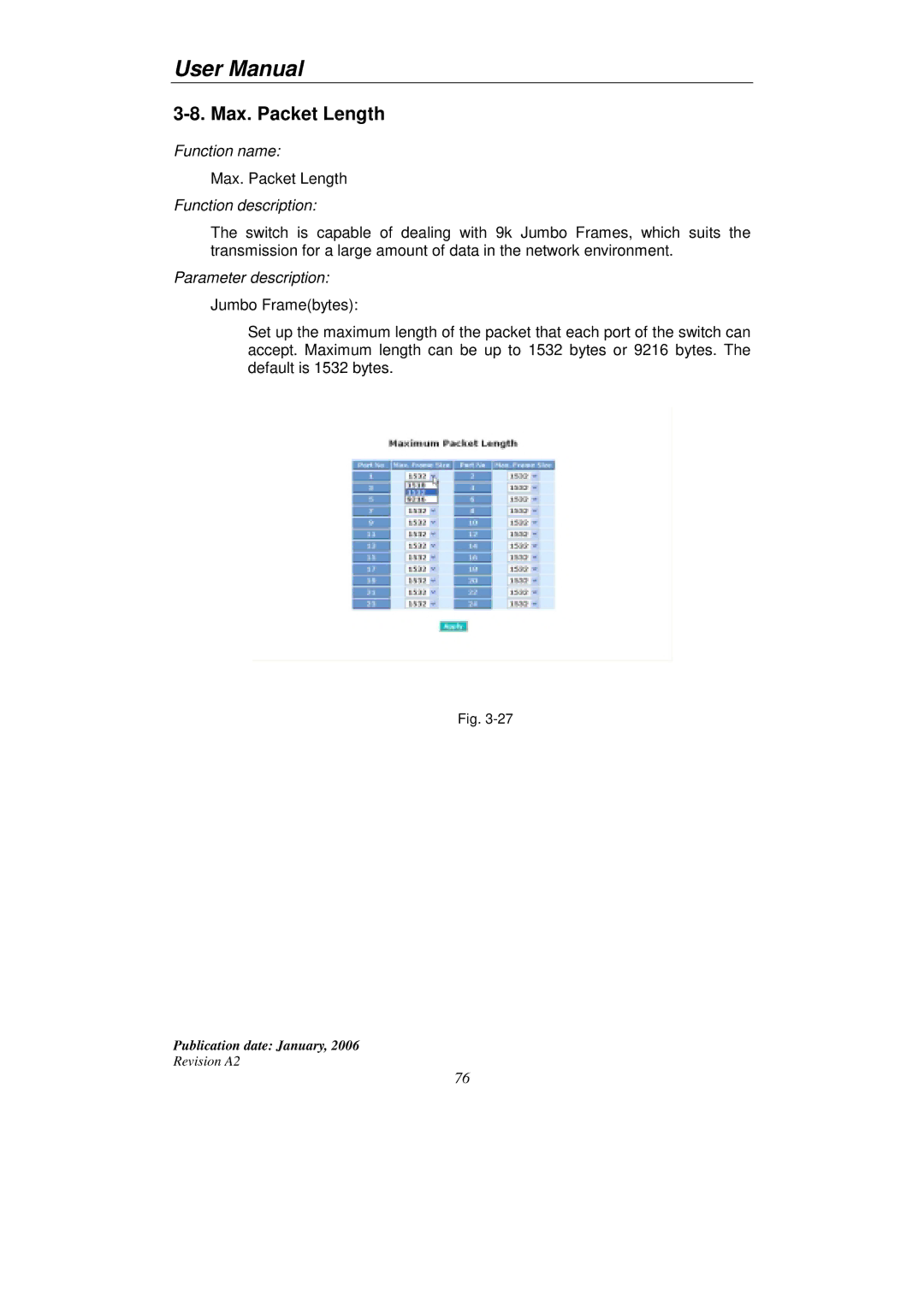 KTI Networks KGS-2416 user manual Max. Packet Length 