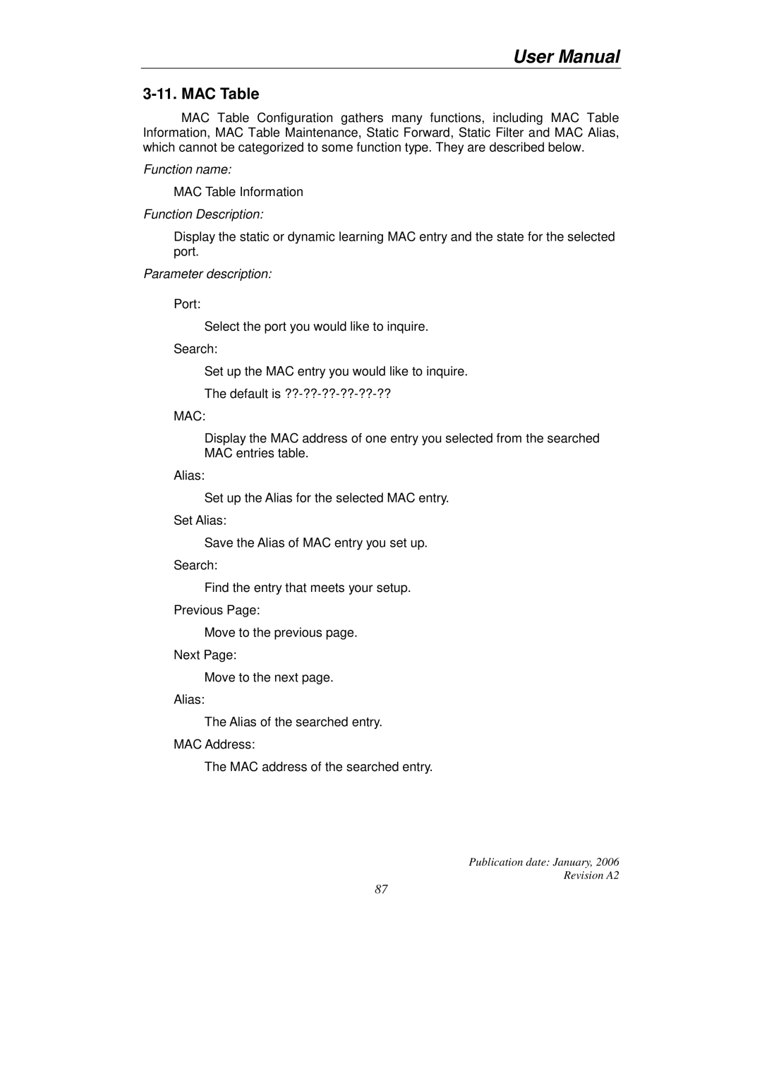 KTI Networks KGS-2416 user manual MAC Table, Mac 