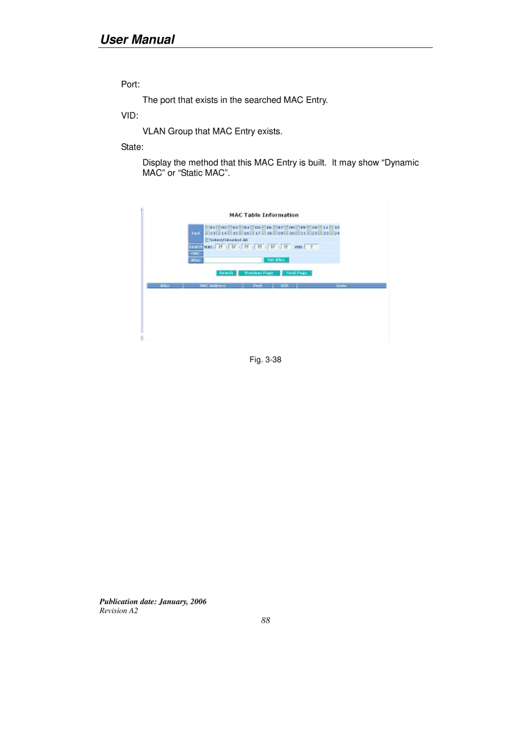 KTI Networks KGS-2416 user manual Port Port that exists in the searched MAC Entry 