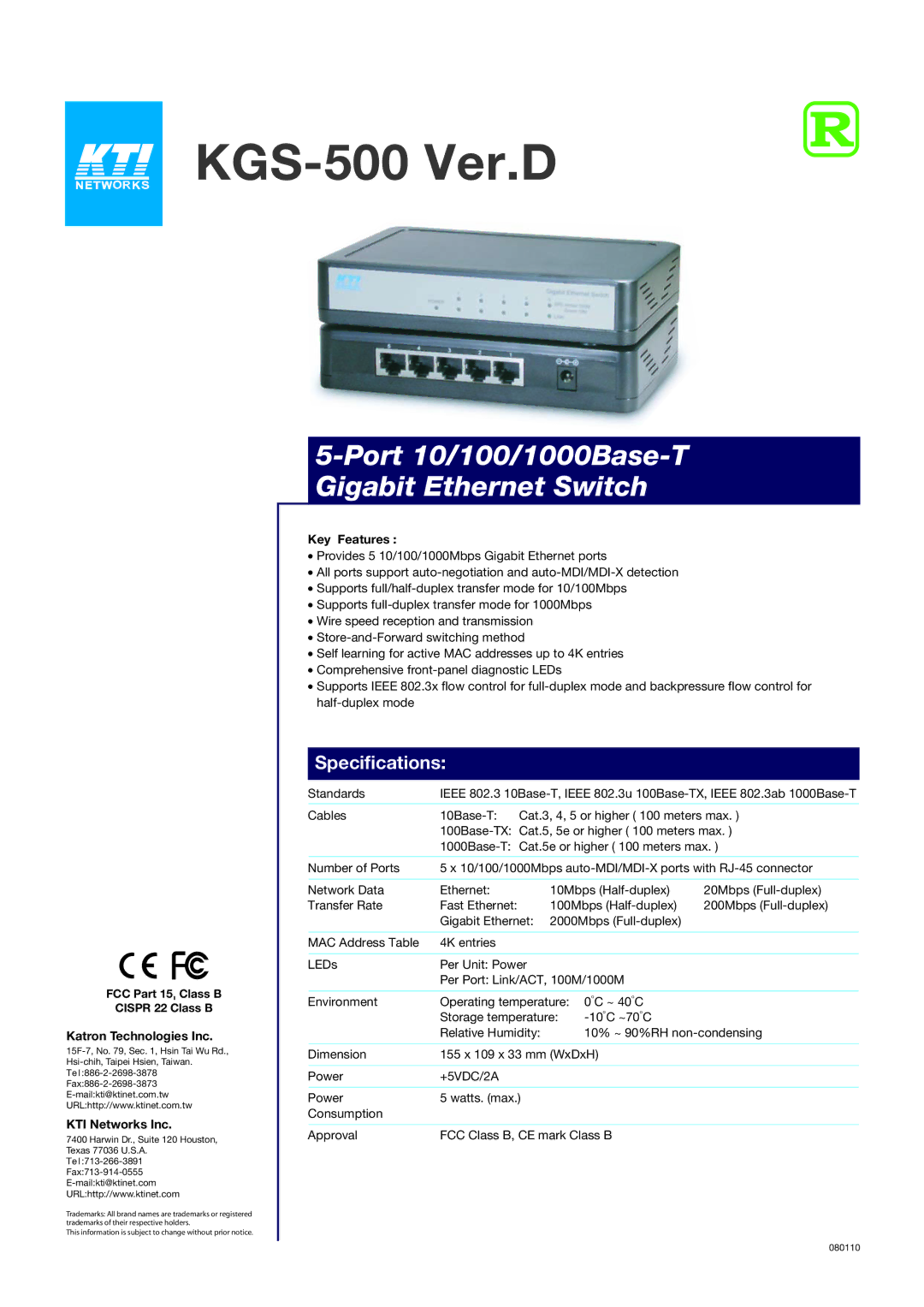 KTI Networks KGS-500 Ver.D specifications Port 10/100/1000Base-T Gigabit Ethernet Switch, Specifications 