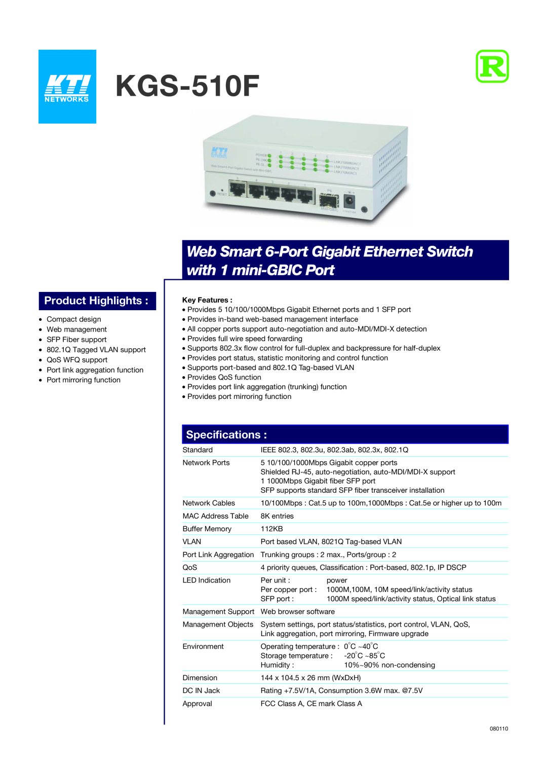 KTI Networks KGS-510F specifications Product Highlights, Specifications, Key Features 