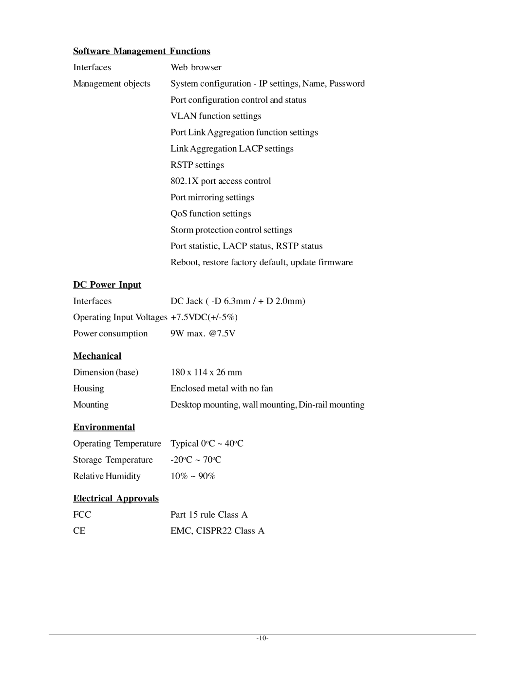 KTI Networks KGS-612F Software Management Functions, DC Power Input, Mechanical, Environmental, Electrical Approvals 