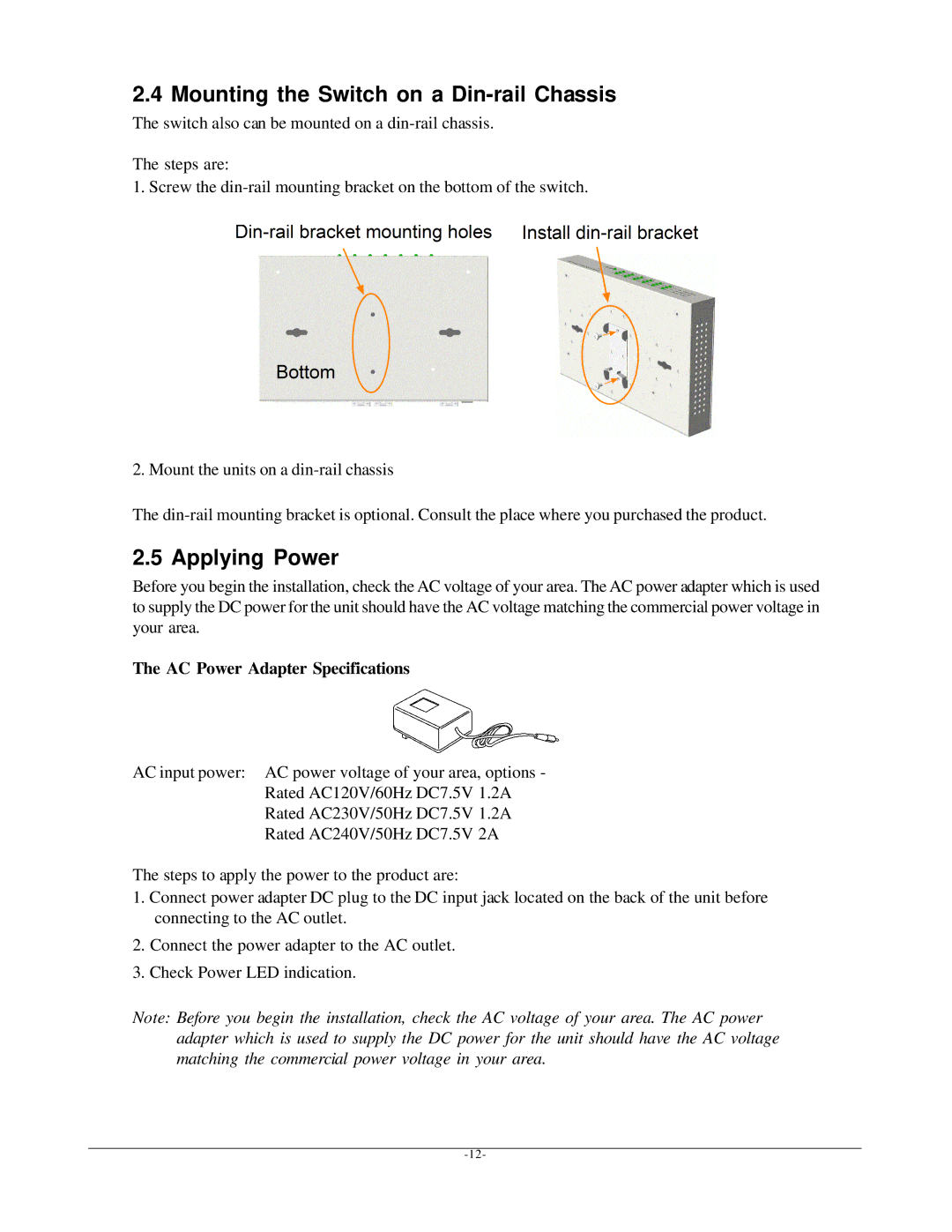 KTI Networks KGS-612F Mounting the Switch on a Din-rail Chassis, Applying Power, AC Power Adapter Specifications 