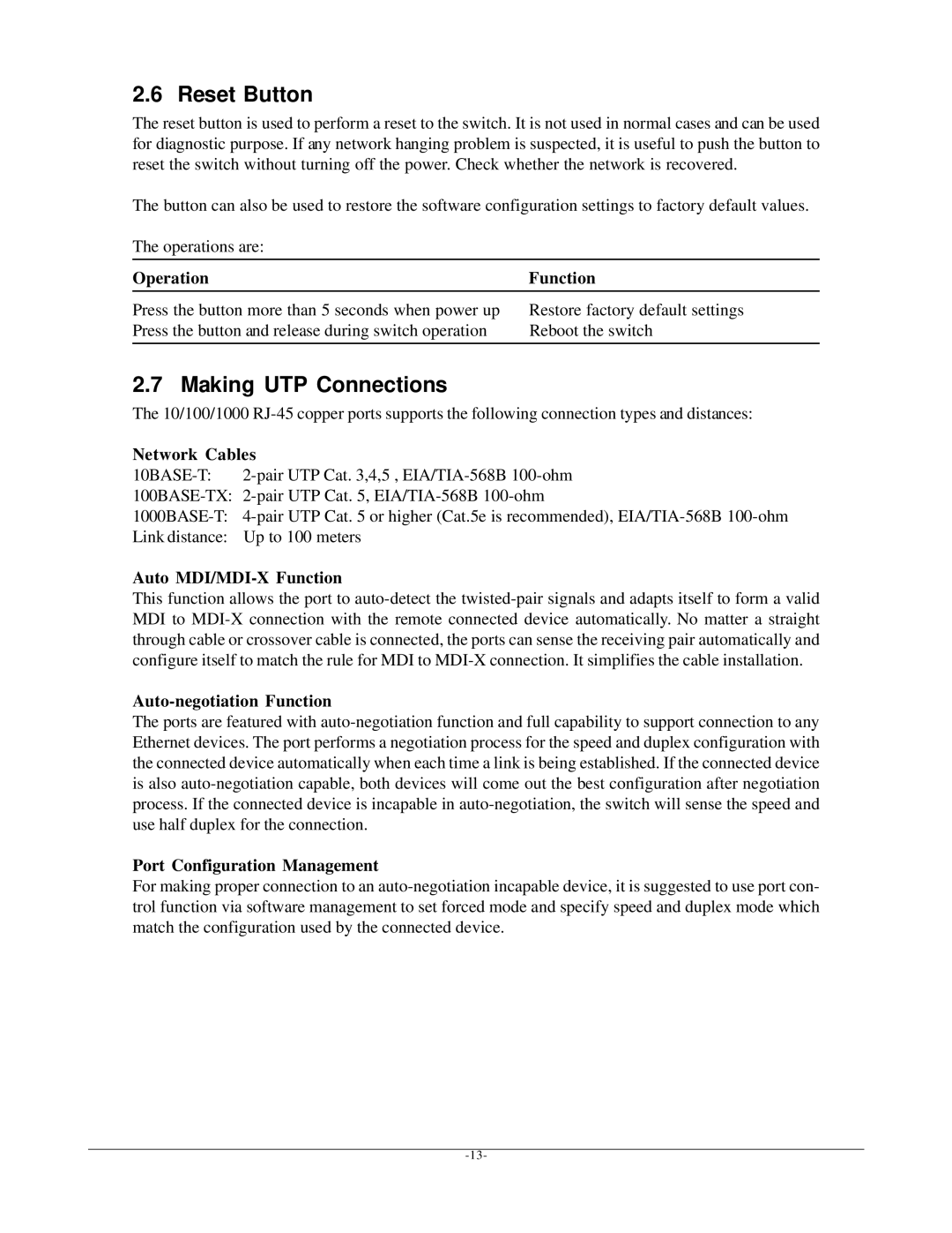 KTI Networks KGS-612F user manual Reset Button, Making UTP Connections 