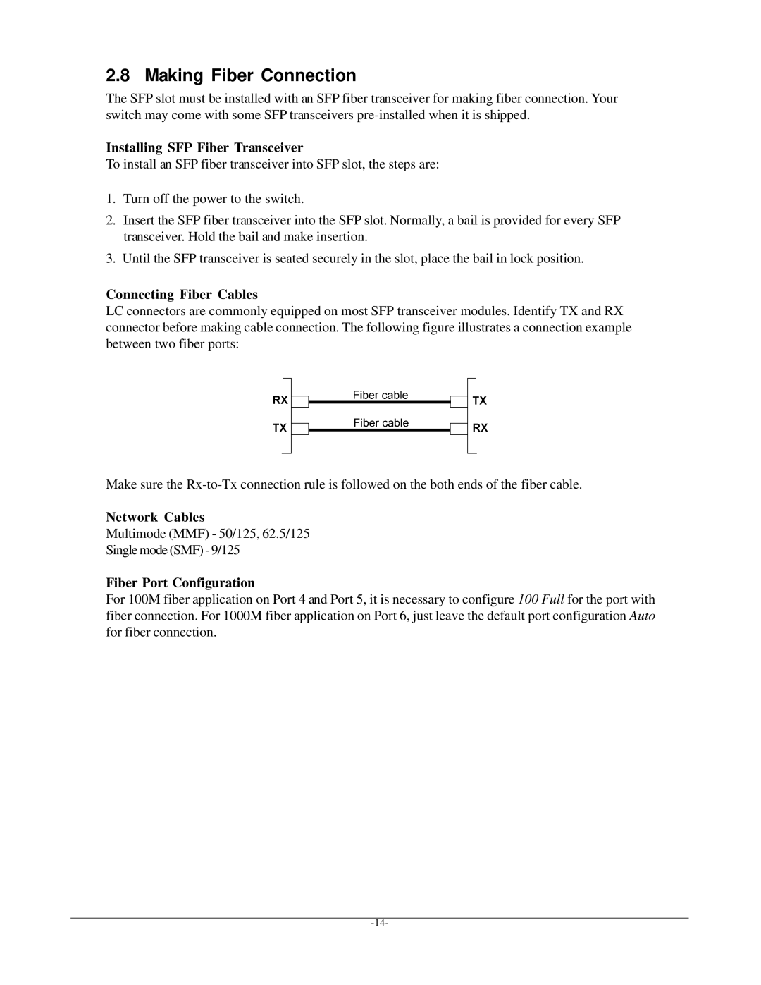 KTI Networks KGS-612F user manual Making Fiber Connection, Installing SFP Fiber Transceiver, Connecting Fiber Cables 