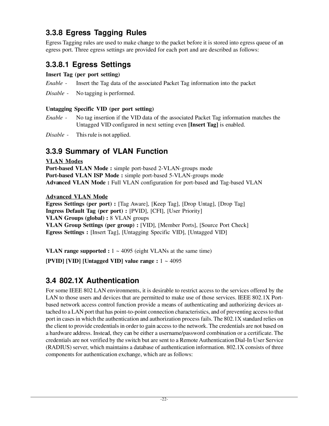 KTI Networks KGS-612F user manual Egress Tagging Rules, Egress Settings, Summary of Vlan Function, 802.1X Authentication 