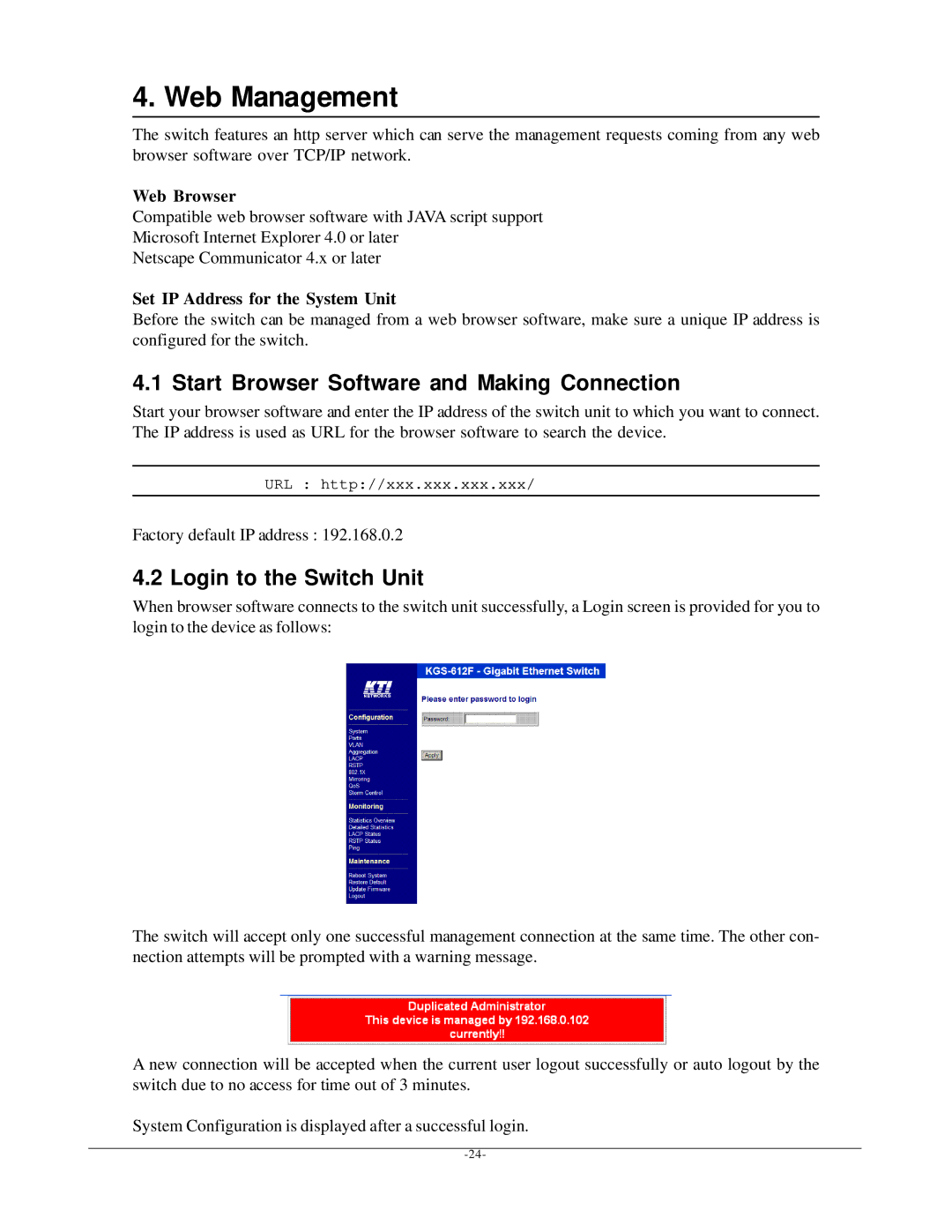 KTI Networks KGS-612F user manual Start Browser Software and Making Connection, Login to the Switch Unit, Web Browser 