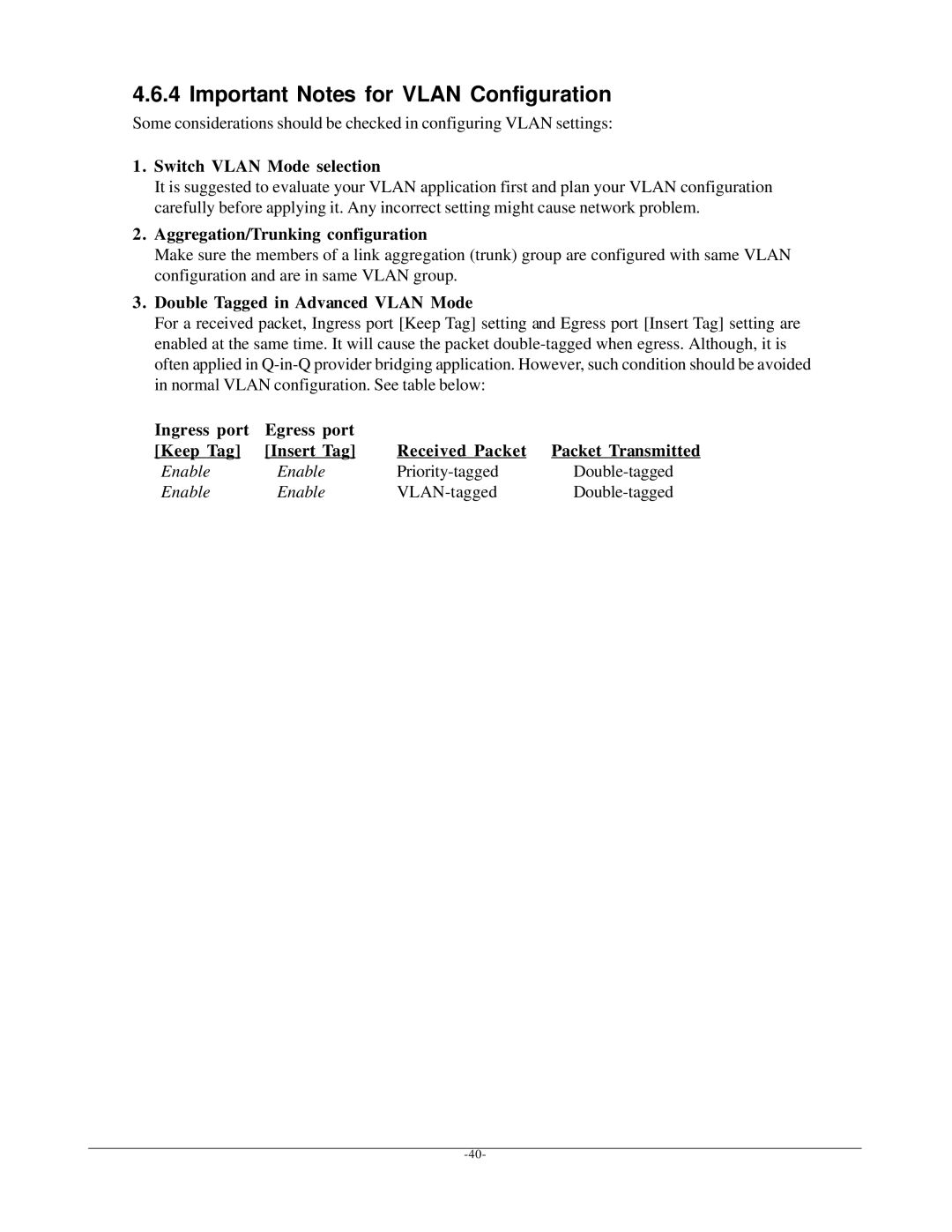 KTI Networks KGS-612F user manual Important Notes for Vlan Configuration, Switch Vlan Mode selection 