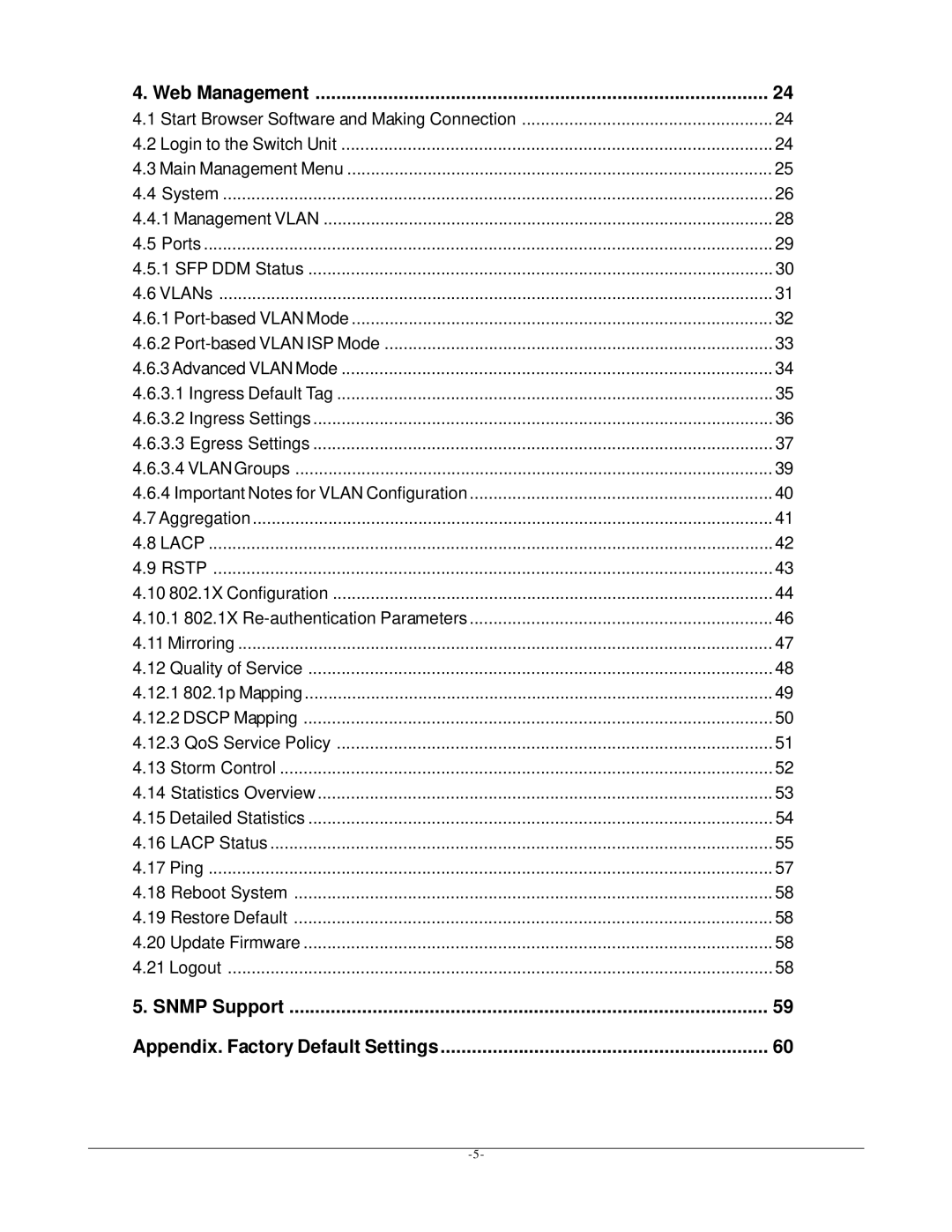 KTI Networks KGS-612F user manual Snmp Support Appendix. Factory Default Settings 