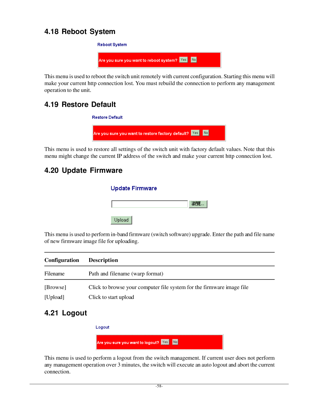 KTI Networks KGS-612F user manual Reboot System, Restore Default, Update Firmware, Logout 