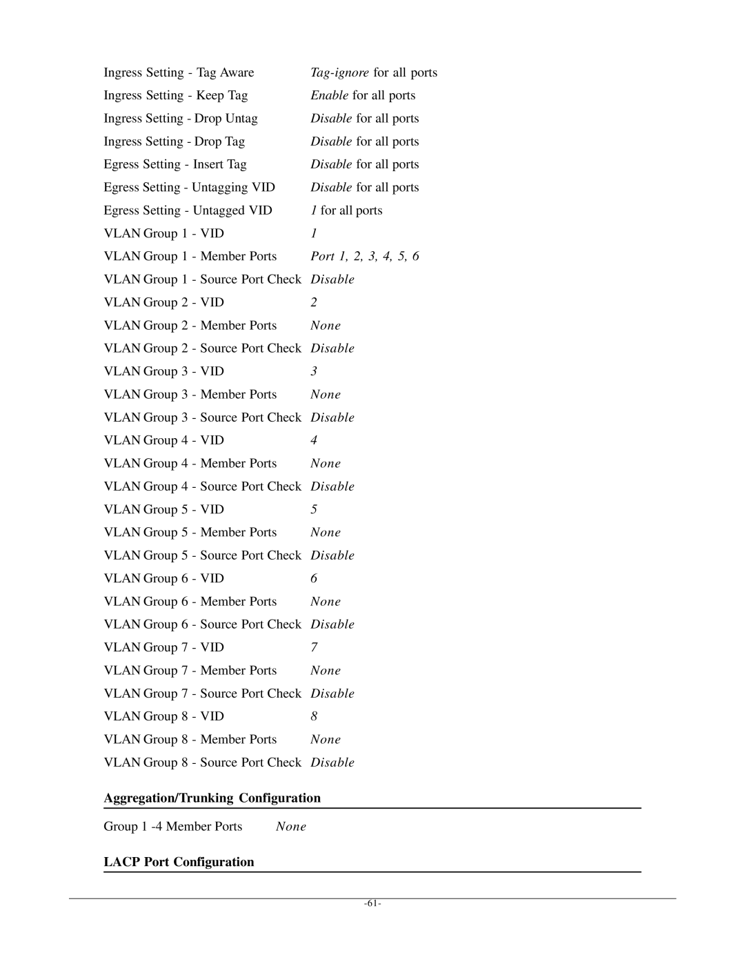 KTI Networks KGS-612F user manual Aggregation/Trunking Configuration, Lacp Port Configuration 