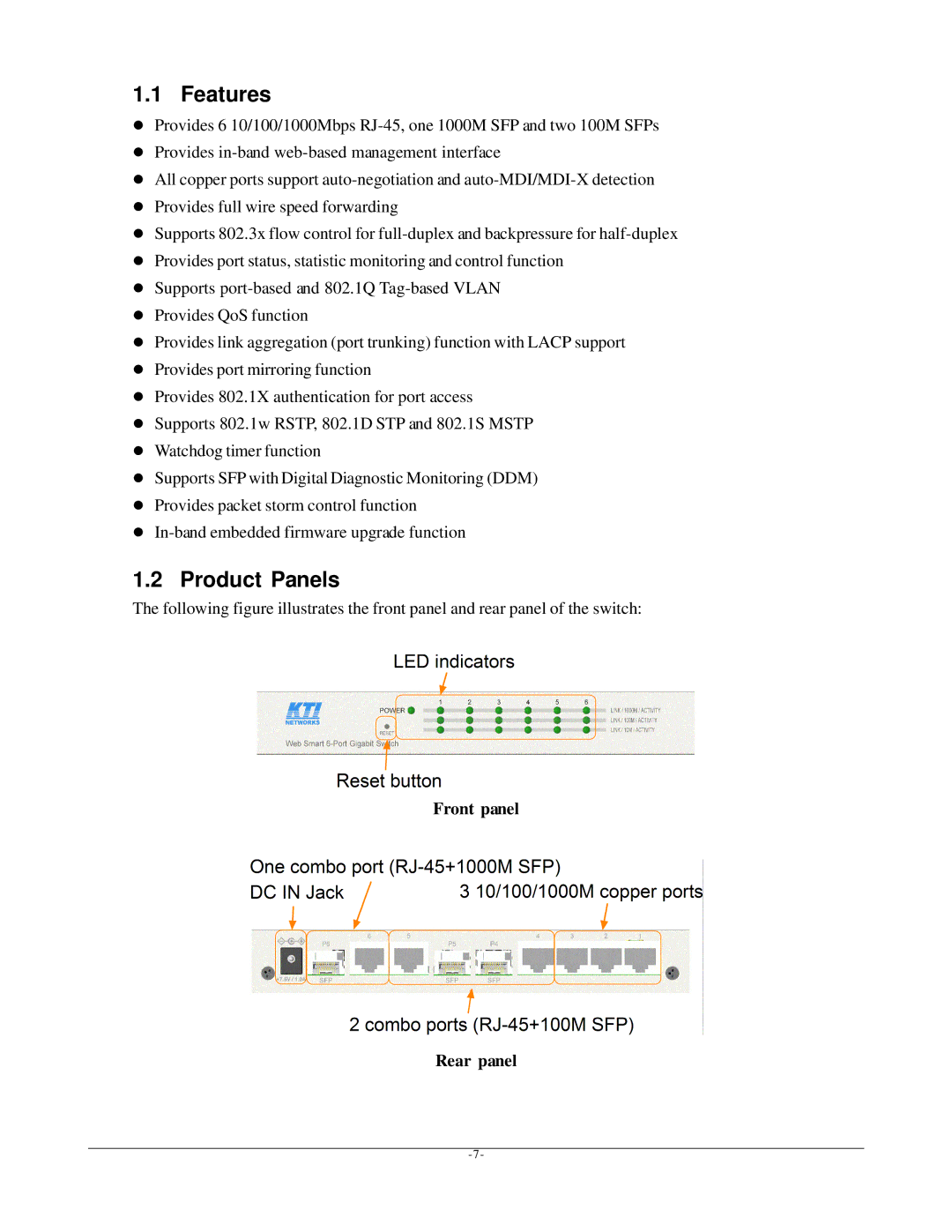 KTI Networks KGS-612F user manual Features, Product Panels, Front panel Rear panel 