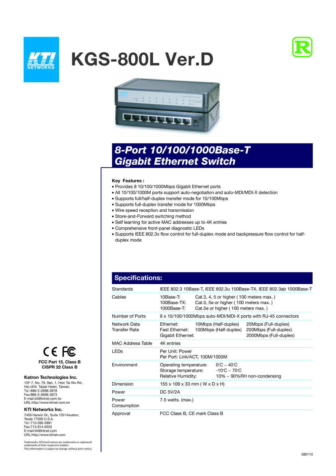 KTI Networks specifications KGS-800L Ver.D, Port 10/100/1000Base-T Gigabit Ethernet Switch, Specifications 