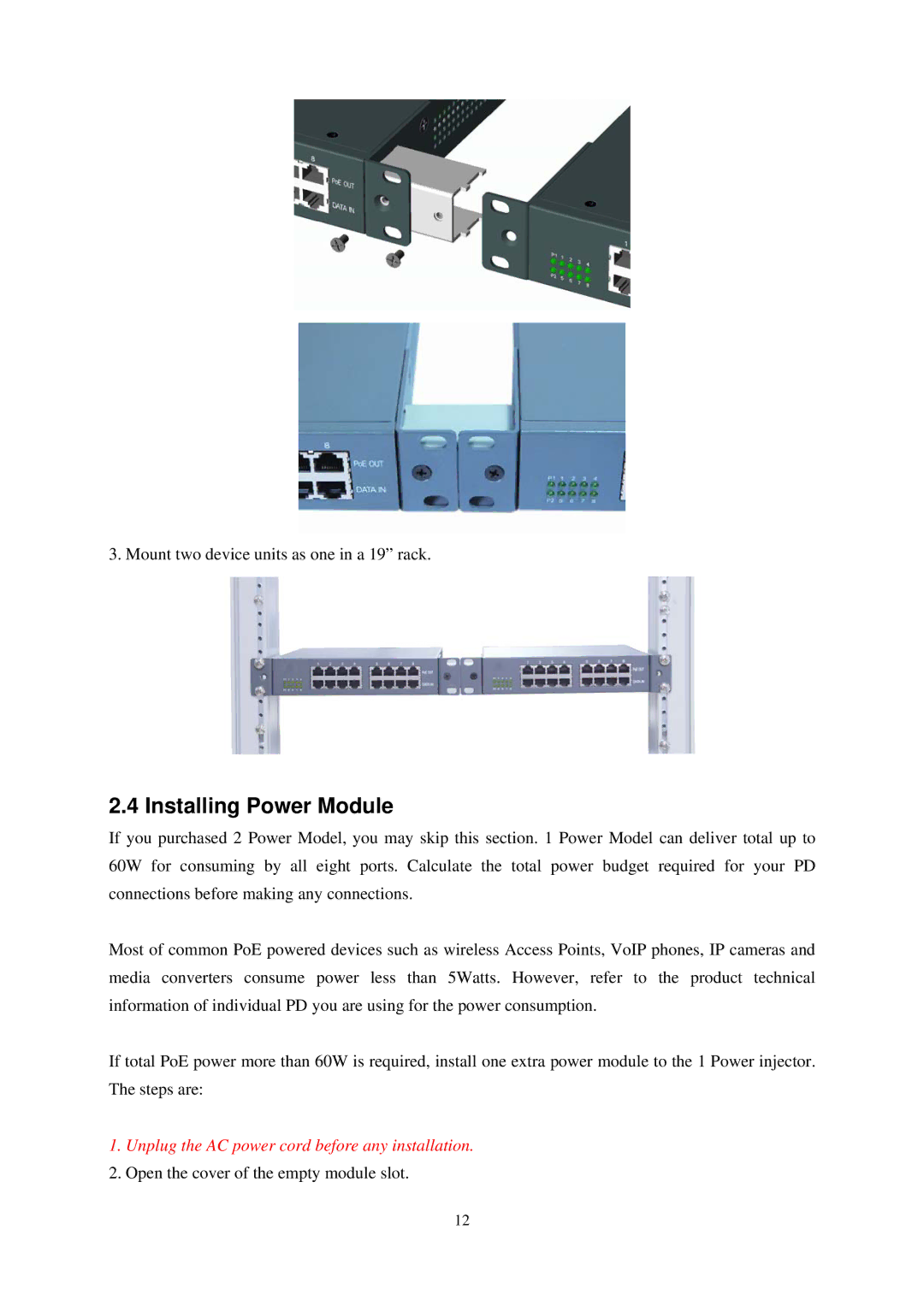 KTI Networks KPOE-800-1P, KPOE-800-2P manual Installing Power Module, Unplug the AC power cord before any installation 