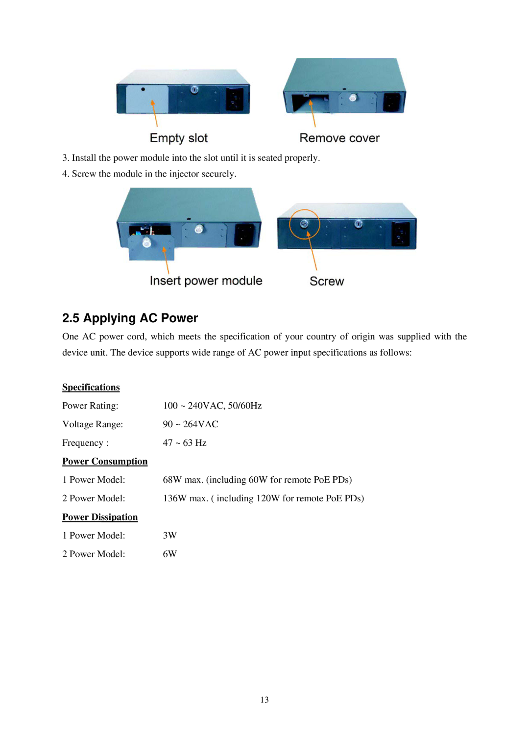 KTI Networks KPOE-800-2P, KPOE-800-1P manual Applying AC Power, Specifications 