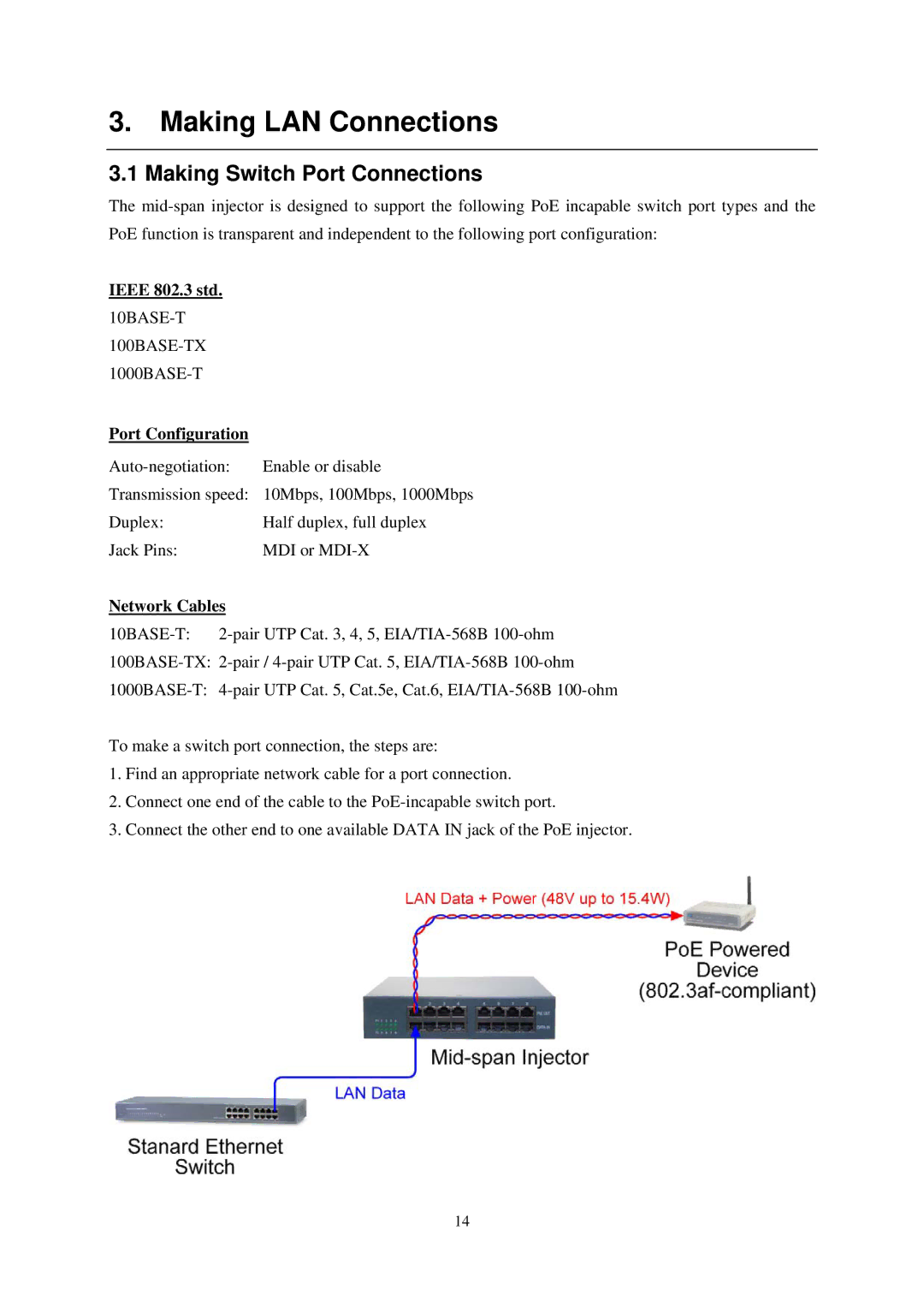 KTI Networks KPOE-800-1P, KPOE-800-2P manual Making LAN Connections, Making Switch Port Connections, Network Cables 