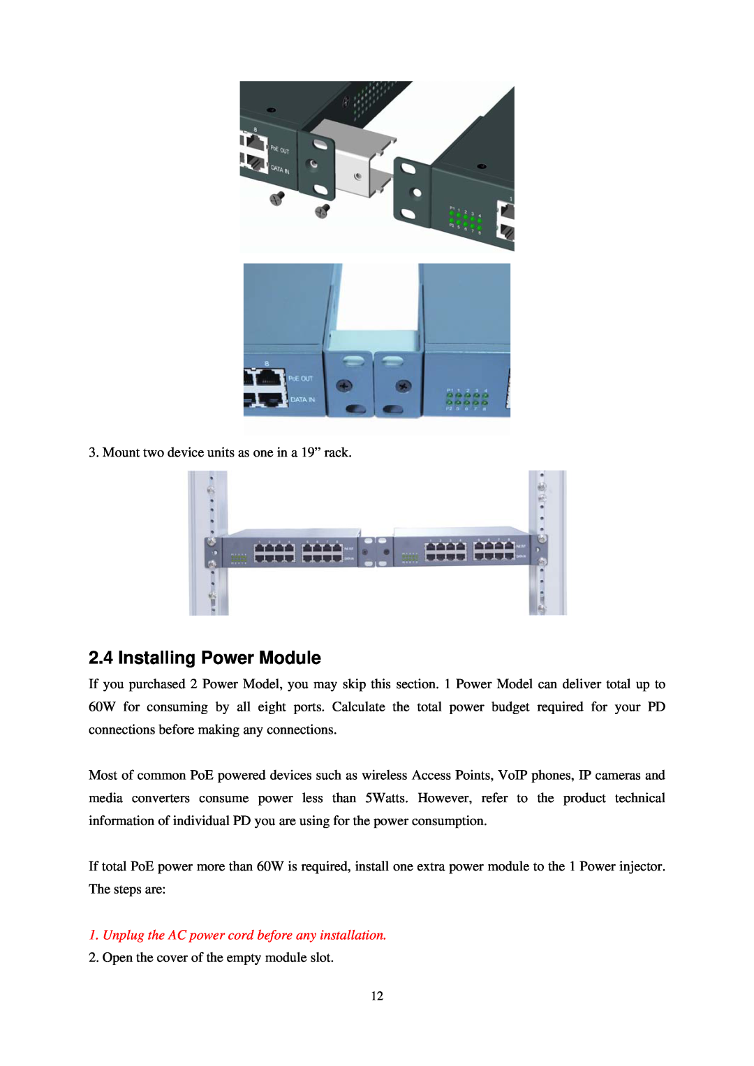 KTI Networks KPOE-800-1P, KPOE-800-2P manual Installing Power Module, Unplug the AC power cord before any installation 