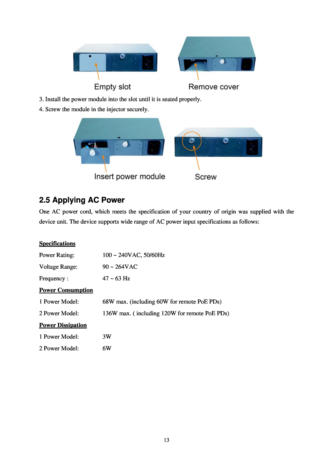 KTI Networks KPOE-800-2P, KPOE-800-1P manual Applying AC Power, Specifications, Power Consumption, Power Dissipation 