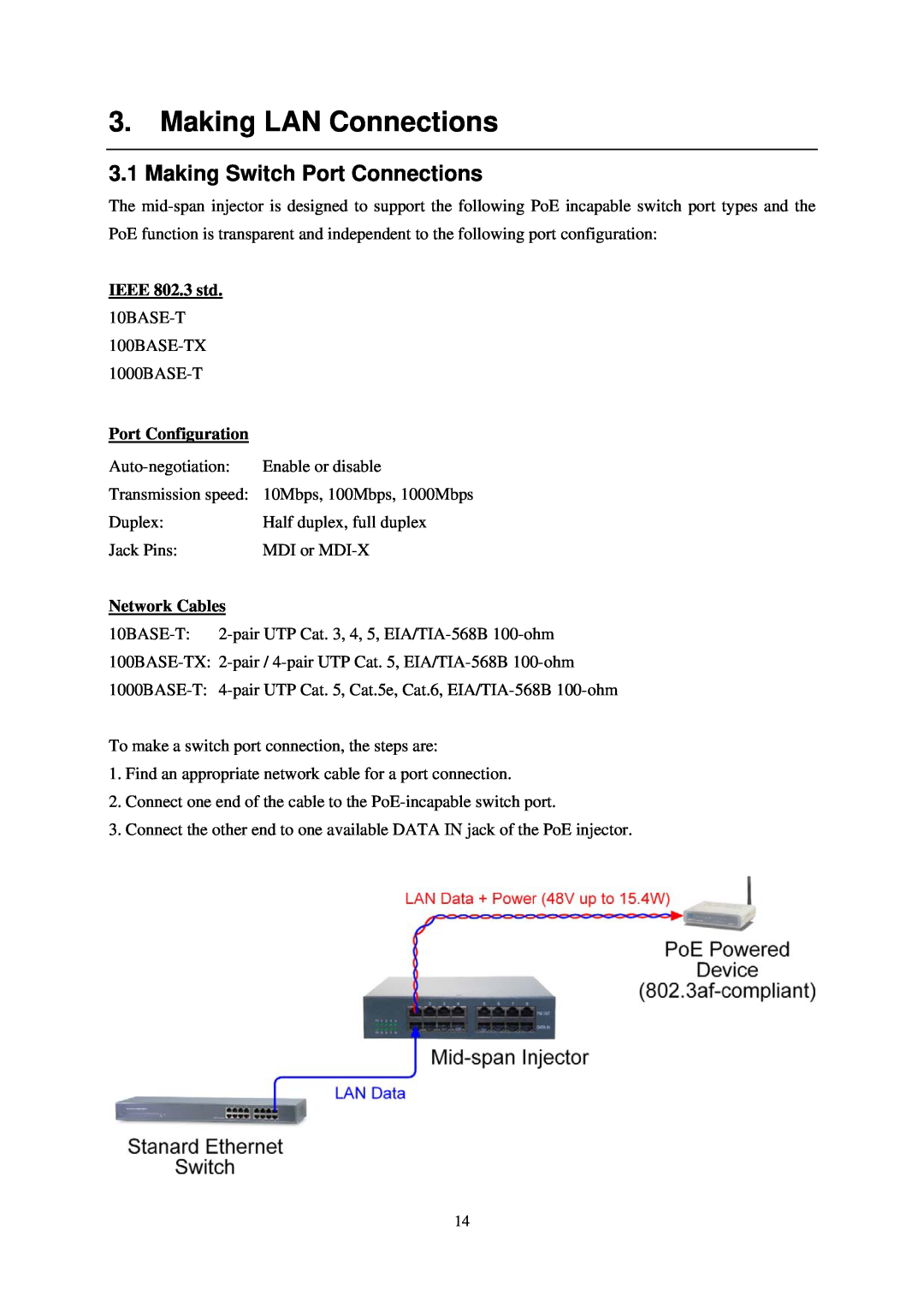 KTI Networks KPOE-800-1P manual Making LAN Connections, Making Switch Port Connections, Port Configuration, Network Cables 