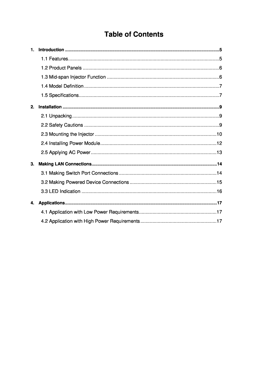 KTI Networks KPOE-800-1P, KPOE-800-2P manual Table of Contents 
