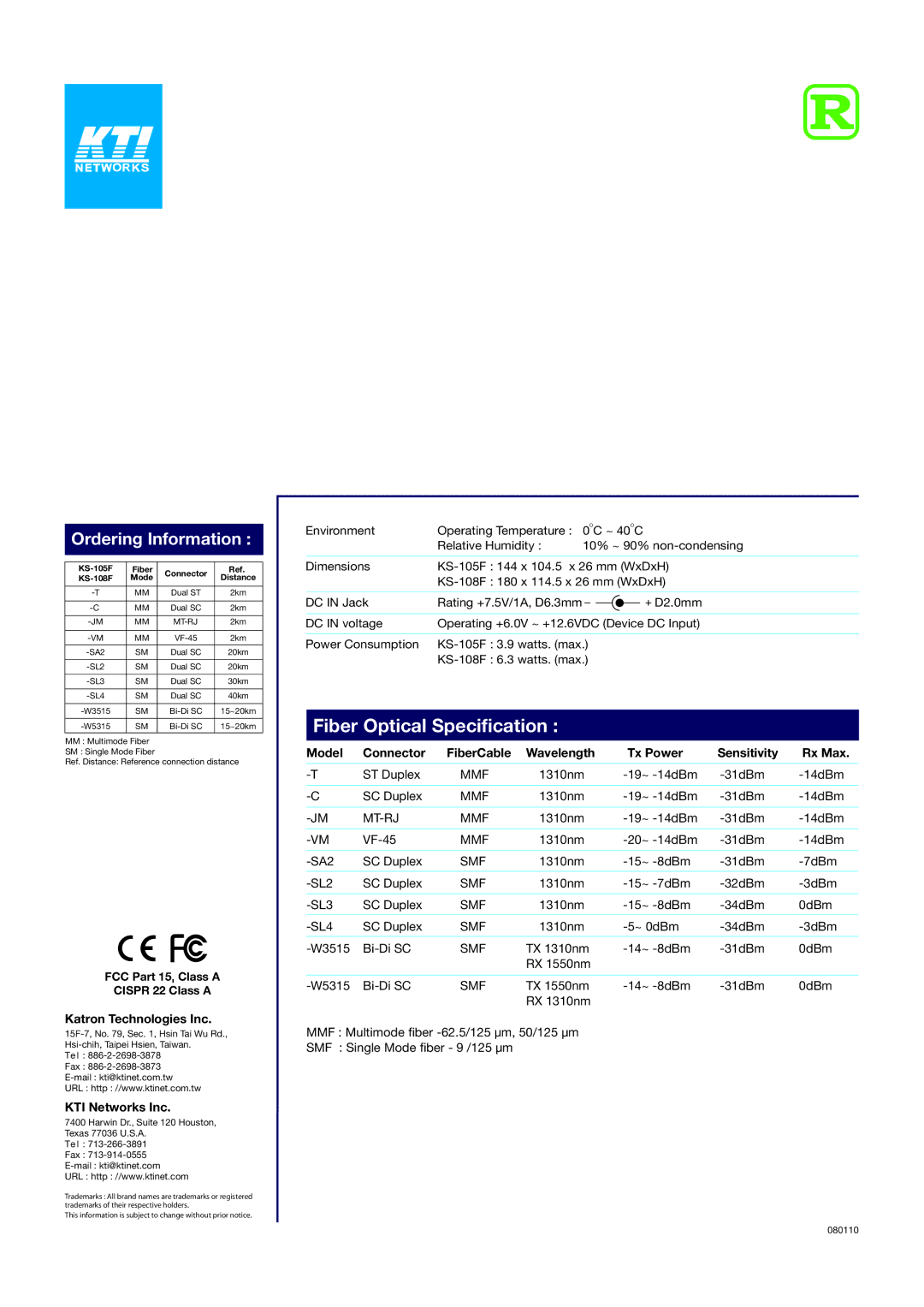 KTI Networks KS-105F specifications Fiber Optical Specification, Katron Technologies Inc, KTI Networks Inc 