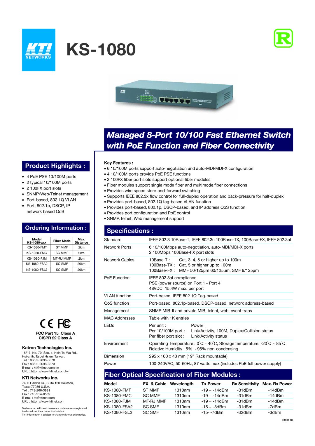 KTI Networks KS-1080 specifications Product Highlights, Specifications, Fiber Optical Specification of Fiber Modules 