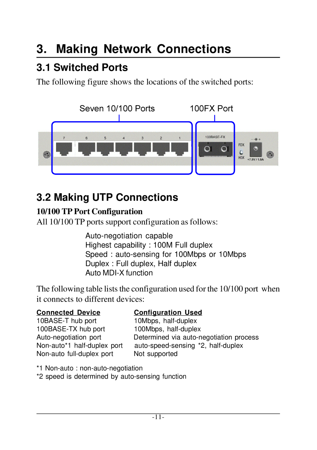 KTI Networks KS-108F Making Network Connections, Switched Ports, Making UTP Connections, 10/100 TP Port Configuration 