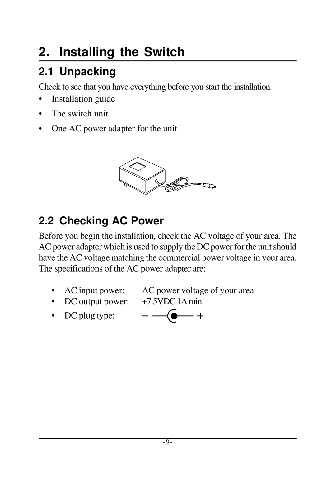 KTI Networks KS-108F manual Installing the Switch, Unpacking, Checking AC Power 